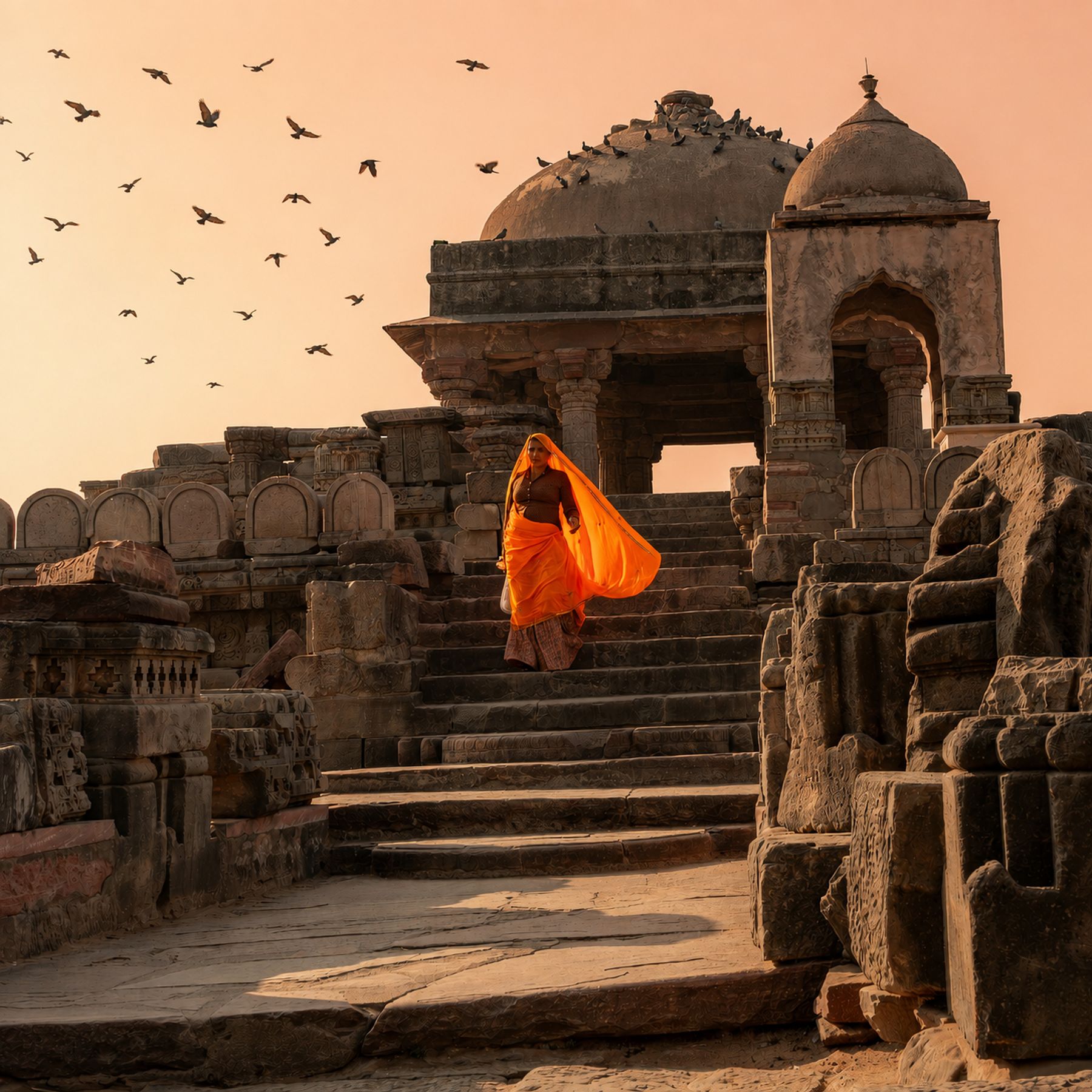 Woman In Orange On Stone Steps With Birds
